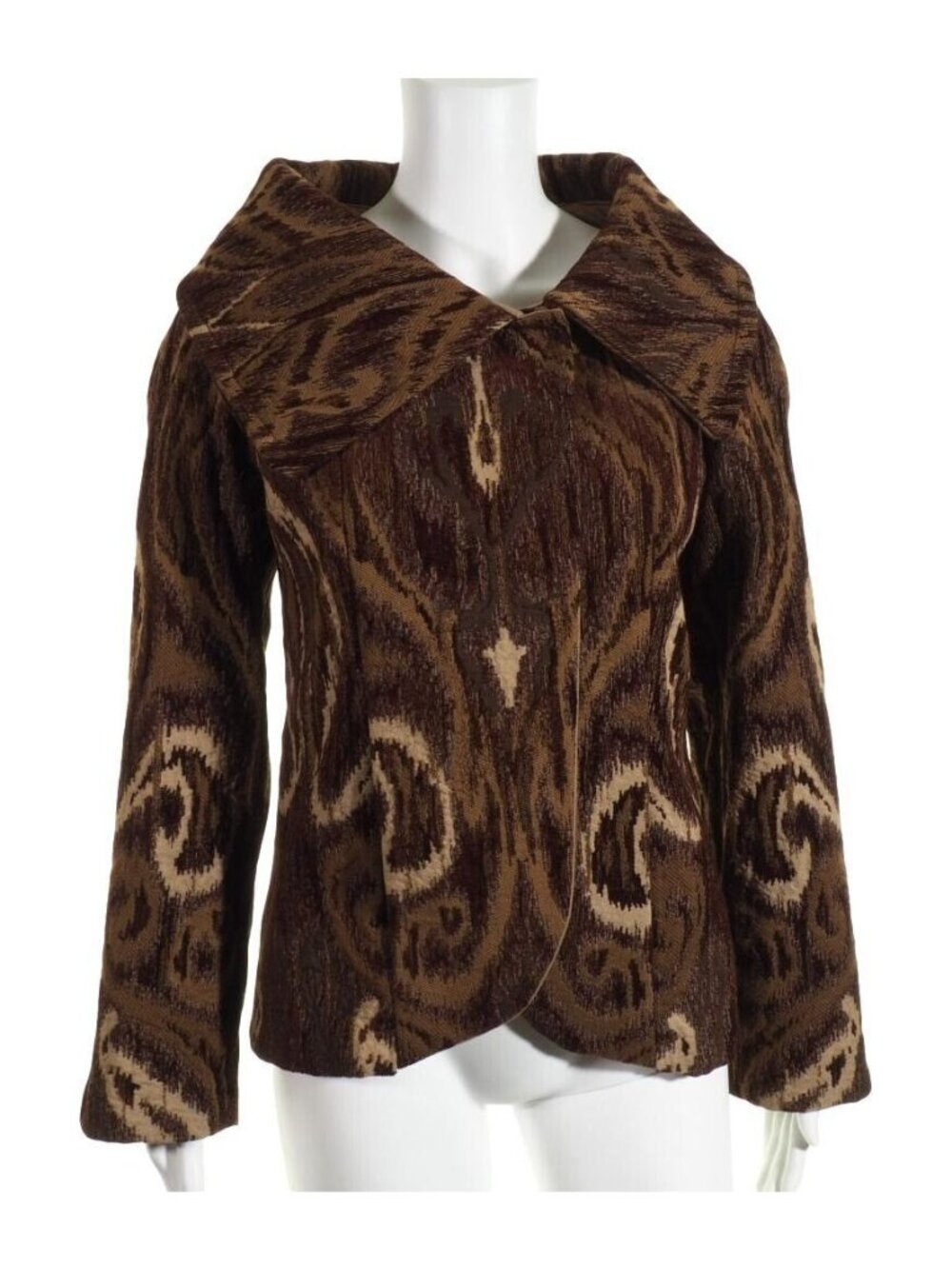 Brocade Womens Jacket S / M Lined Brown Tan Shawl Collar Hand Taylored